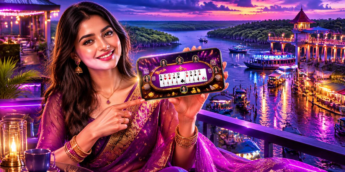 খুলনায় নিয়ন রাতের পরিবেশে রামি গেম খেলছেন একজন